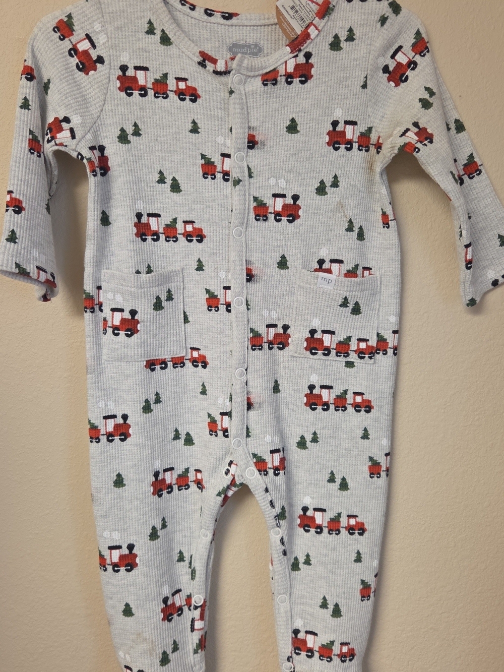 Mud Pie Cream One-Piece with Red Train & Green Tree Print